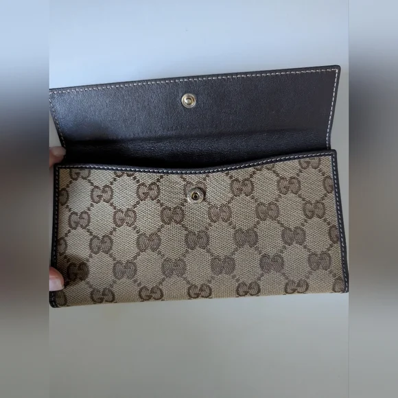 Gucci GG Vintage Brown Monogram Long Wallet with Gold Heart Snap - Picture 12 of 12